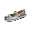 Versão em Pele de Ovelha ~ Sapatos Mary Jane Franceses com Elevação Interna, Sapatos Raso de Uma Linha, Sapatilhas Prateadas para Mulheres, Sapatos Baixos