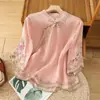 Nova camisa de algodão e linho bordada estilo chinês para mulheres, top retrô artístico com botões, novo vestido de chá de gola diagonal de verão em estilo chinês