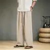 Verão 2026 Novo Estilo Chinês Masculino Algodão Linho Casual Calças de Pernas Largas Estilo Étnico Tamanho Grande Tendência Soltas Calças de Perna Reta