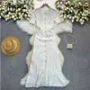 Novo Estilo Chanel Alto Padrão Renda Vazada Estilo Cogumelo Manga com Botões Decoração Ajuste ao Corpo Emagrecedor Vestido de Tricô Moda