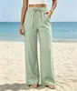 2026 Amazon Calça de Linho Casual de Cintura Alta com Cordão e Bolso Lateral de Perna Larga Calça de Perna Larga Fluida para Praia Elástica