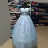 Vestido de Noche Azul 2026 Nuevo Estilo Banquete Hombros Descubiertos Examen de Arte Vocal Actuación Presentador Vestido de Tul Abullonado para Adultos