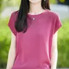 Nueva Camiseta de Punto para Mujer Primavera/Verano 2026, Tencel Lino, Cuello Redondo, Manga Corta, Color Sólido, Calado, Holgada, Capa Base