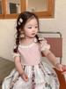 Punto de Verano para Niñas Camiseta Dulce con Cuello de Encaje Corte Calado Manga Corta Abullonada Estilo K