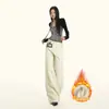 Jeans Liso de Inverno Espesso com Forro de Lã, Cor Damasco, Versátil, Solto, Perna Larga, Cintura Alta, Emagrecedor, Comprimento Total, para Mulheres