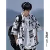 Camisa de manga curta color block para homens, estilo verão, roupas masculinas de seda gelada, marca da moda, jaqueta de corte solto, camisa floral estilosa, atacado direto da fonte