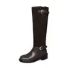 Botas de montaria femininas de couro de cano alto, novo estilo outono e inverno, bico redondo, patchwork, salto médio grosso, botas over-the-knee