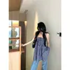 Top Tubo sin Mangas Cuadros Azules [Cuadro Teñido en Hilo Original] para Mujer, Verano, Ajuste Delgado, Diseño de Prenda Exterior