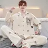Conjunto de Pijama de Algodón Puro para Otoño e Invierno Primavera y Otoño Cuello de Solapa Manga Larga Pantalón Largo Corte Holgado Tallas Grandes Conjunto Cómodo para Estar en Casa
