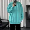 Suéter de color liso con cuello redondo para hombre, primavera y otoño, estilo Hong Kong, suéter holgado para pareja, jersey sencillo versátil, camisa base suéter
