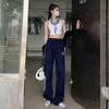 Calças Mop Workwear Estilo Americano Femininas Verão 2023 Novas Calças Soltas de Cintura Alta e Pernas Largas Listradas Casuais Esportivas Modernas