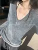 YOLO SHOP Imprescindible de Otoño Lana de Alpaca Gris Elegante Cuello en V Versátil Suéter de Punto Corte Ajustado Capa Base