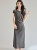 26 Estilo Nuevo Primavera y Verano Cintura Ceñida Ajustado Cuello Redondo Casual Elegante Fruncido Irregular Vestido Camiseta para Mujer 22788
