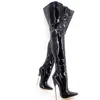 Botas de Couro Patente com Salto Metálico 18CM Acima do Joelho Estilo Europeu e Americano Costura Pontilhada Cano Fino Salto Super Alto Elásticas Moda Botas