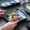 Vajilla Azul Esmaltada al Horno Cerámica Retro Japonesa Creativa Rayada Plato Hondo Tazón de Arroz Tazón de Sopa Juego de Platos para el Hogar