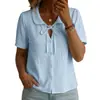 Amazon Europa y América Nueva Ropa de Mujer de Comercio Exterior Color Sólido Solapa Manga Corta Holgada Camisa Casual Botón Cordones Superior