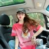 Camiseta de Manga Corta de Algodón Puro con Graffiti Chic de Sal para Mujer, Versión Grande de Color Contrastante de Gama Alta, Holgada, Casual, Aspecto Adelgazante, Top