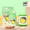 Taza aislada de acero inoxidable 316 para niños con doble popote, portátil para estudiantes, con correa y funda para taza, botella de agua a prueba de fugas para la escuela