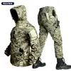 Novo conjunto de jaqueta térmica tática transfronteiriça para homens, camuflado, forrado com fleece, à prova de vento, à prova d'água, calça e jaqueta para trabalho ao ar livre