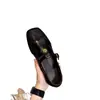 Zapatos de mujer vintage súper suaves de piel de oveja, punta cuadrada, con estampado floral y tira en T con hebilla, zapatos Mary Jane planos, elegantes zapatos pequeños de cuero estilo francés