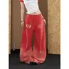 Pantalones de Chándal Onlpp Estilo Retro Americano Street Style Bordado de Insignia Gradiente Rojo para Mujer Sueltos Pierna Ancha Adelgazantes Casuales