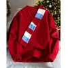 Cachecol Vermelho Decote V Cor Contrastante Malha Jaqueta Masculina Inverno Atmosfera de Natal Estilo Preguiçoso Par Malha Malha