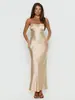 Vestido largo de satén con cuello halter y espalda cruzada, vestido largo elegante de satén ajustado, sin espalda, con lazo, estilo francés, sexy