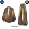 Conjunto de Sudadera con Capucha de Dos Piezas Falsas de Manga Larga con Cuello Alto de Alta Calidad Marca NASA para Hombre Otoño Estilo Perezoso Casual Conjunto Completo