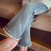 Jeans de Invierno para Niñas, Moda Infantil Elegante para Niños, Mono de Terciopelo con Encaje y Perlas, Pantalones de Campana Engrosados