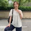 Camisa de verano nueva para mujer talla grande con un diseño elegante, cintura alta plisada, efecto adelgazante para figuras ligeramente rellenas, top fino de manga corta