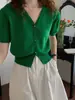 Cardigan Tricotado Preto de Verão e Primavera Francês de Seda Gelo de Manga Curta com Decote em V Feminino Top Fino de Manga Bufante Curta A3929
