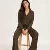 Pijama para mujer estilo perezoso, color liso, manga larga, pantalón largo, cárdigan con solapa y bolsillos, conjunto de dos piezas suelto y simple, ropa de estar por casa