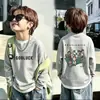 Camiseta de manga longa com design falso de duas peças, nova para primavera e outono, para crianças mais velhas, padrão waffle, estilo coreano, blusa básica estilosa