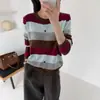 Cárdigan de Punto a Rayas Retro Color Block para Mujer, Corte Holgado, Estilo Coreano de Otoño, Cuello Redondo, Abrigo Superior de Forro Polar Oso Miel Adelgazante