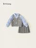 Ropa Infantil Niña Estilo Preppy Traje Primavera y Otoño Chaleco de Tirantes de Punto con Lazo Camisa Falda Plisada Conjunto de Tres Piezas para Niña