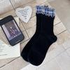 Calcetines de Otoño e Invierno para Mujer con Cuadros y Bordes Fruncidos, Calcetines de Media Pantorrilla Sin Costuras Estilo Coreano con Ligera Compresión