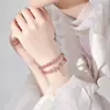 Pulseira de Cristal de Morango para Meninas, Dupla Fila, Pedra da Lua, Pulseira de Cristal Rosa, Acessórios, Flor de Pessegueiro, Presente para Namorada, Presente de Aniversário