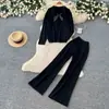Conjunto de dos piezas para mujer: cárdigan de punto de manga larga con pajarita de estilo casual y pantalones de pierna ancha, atuendo elegante y adelgazante para otoño para ir al trabajo