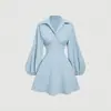 Vestido de Color Sólido Elegante Estilo Francés, Nuevo para Primavera y Otoño, con Cintura Ajustada, Mangas Abullonadas y Cuello en V, Moda para Mujer
