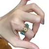 Anillo Ovalado Retro Europeo con Flor Azul y Perla para Mujer, Sensación de Alta Gama, Personalizado, Ilumina la Piel, Versátil, Anillo Abierto Ajustable para Dedo Índice