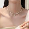 Collar con colgante de camelia con gotas de aceite de perla de vidrio para mujer, estilo francés, elegante, popular en Internet, cadena de clavícula con perla y flor para novias.