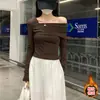 Top Sexy y Atrevido para Mujer, Hombros Descubiertos, Nuevo Estilo Coreano Otoño/Invierno 2026, Corto, Cuello Asimétrico, Ajustado, Manga Larga