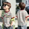 Camiseta de Algodón Puro a Rayas de Manga Corta para Niños, Top Transpirable de Manga Media para Verano para Niños y Niñas, Ropa de Bebé Elegante y Versátil