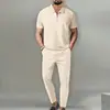 Traje de Color Sólido para Hombre de Estilo Europeo y Americano, Nueva Colección Primavera y Otoño 2025, Cuello Waffle, Manga Corta, Cremallera, Conjunto de Pantalones Largos