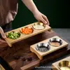 Plato de condimento creativo de acero inoxidable 304, con sabor a barbacoa coreana, platos fríos y calientes con plato de madera.