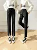 Pantalones Negros de Nuevo Estilo para Primavera y Otoño con Dobladillos Abiertos, de Cintura Alta, Elásticos, Caída Suelta, Resistentes a las Arrugas, Simples y Elegantes, Pantalones de Pierna Recta Adelgazantes para Mujer
