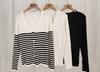 Cardigan de Tricô Fino com Decote V Feminino Outono Novo Design Sense Listras em Ponto Jersey Manga Longa Slim Fit Emagrecedor Macio Top Jaqueta