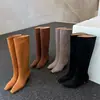 Botas de Montar de Caña Alta para Mujer, Nuevo Estilo Otoño e Invierno, Sin Cordones de Gamuza, Punta Cuadrada, Tacón Medio, Estilo Coreano, Botas Largas Rectas