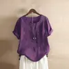 Camiseta Casual de Algodón y Lino para Mujer, Manga Corta, Cuello Redondo, Botones, Estilo Europeo y Americano, para Vacaciones y Calle, 2024