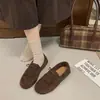 Zapatos planos de tejido retro con forro de felpa, nuevo estilo 2026 para mujer, con acabado de gamuza, detalle de borla y punta redonda, suela plana